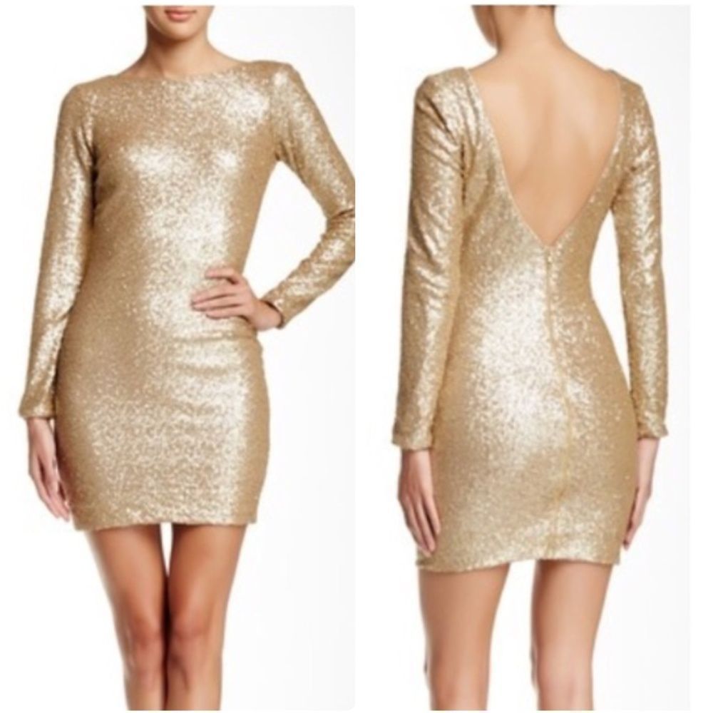 DRESS THE POPULATION LONG SLEEVE SEQUIN MINI DRESS